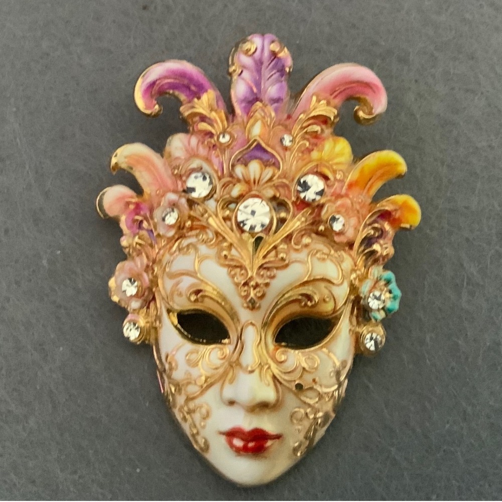 Venetian Masquerade Mask Brooch Gold Tone Enamel Rhinestone Carnival Pin